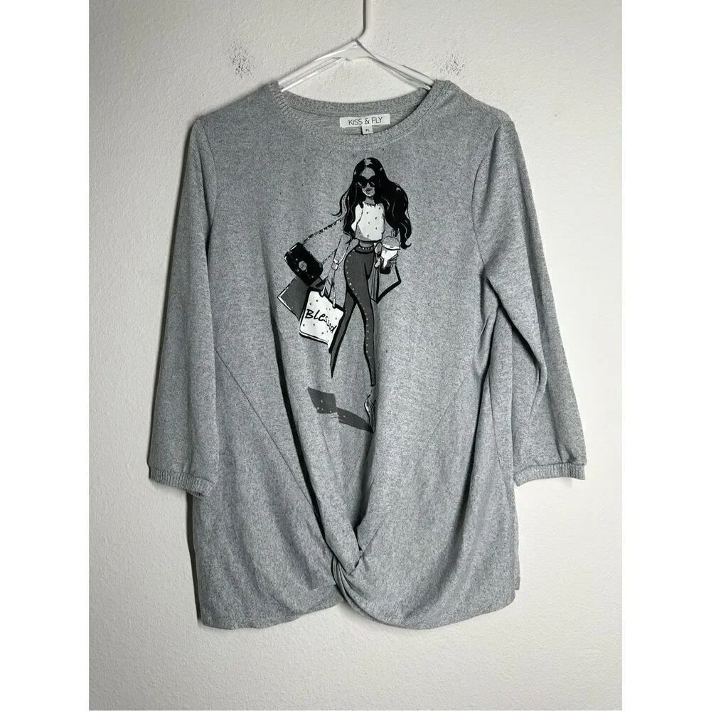 Kiss & Fly Bohemian Rhinestone Trim Women’s Sweater 3/4 Sleeve Gray Black Sz PL